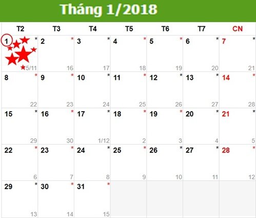 Lịch nghỉ Tế Dương lịch 2018